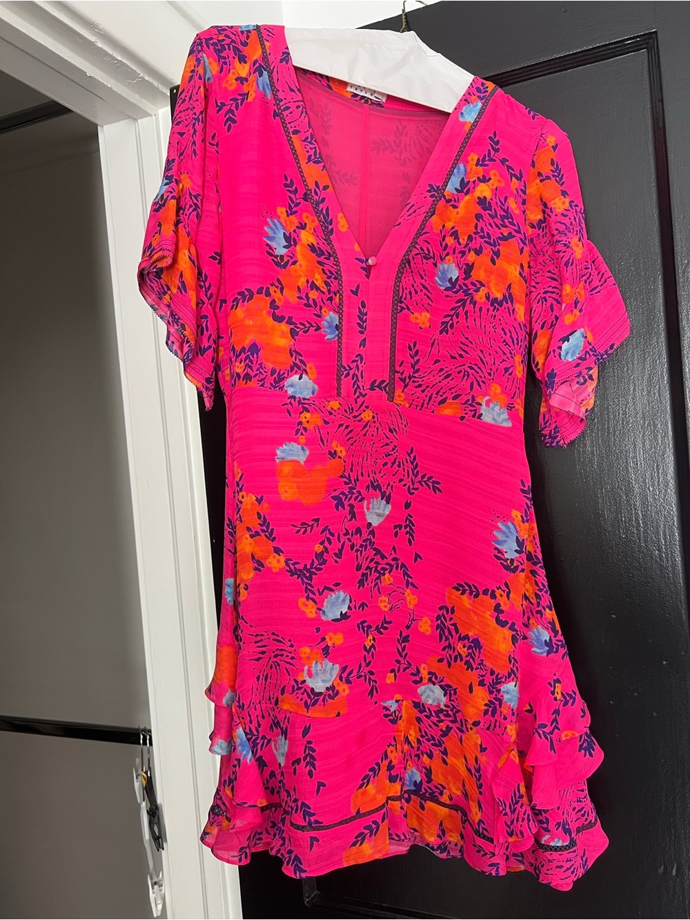 Tanya Taylor Hot Pink Floral V-Neck Mini Dress
